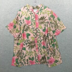 KSL Karin Stevens 22W Sheer‎ Pink Floral Button-Up Tunic Short Sleeves Chiffon